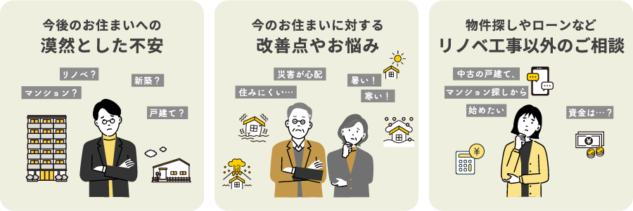 今後のお住まいへの漠然とした不安・今のお住まいに対する改善点やお悩み・物件探しやローンなどリノベ以外のご相談